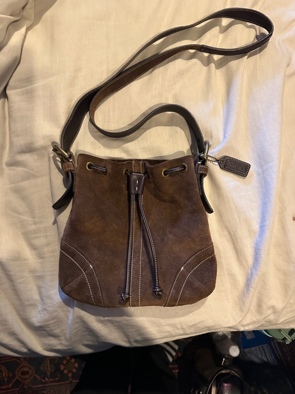 Coach Brown Suede Drawstring Bucket Bag with Leather Trim